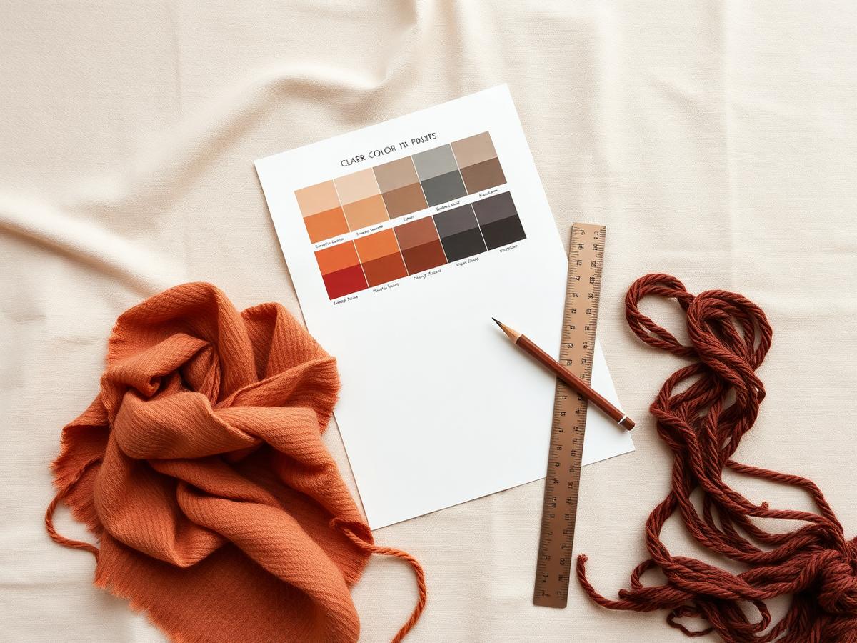 Flat lay of color swatches, yarn and CAD reference sheet